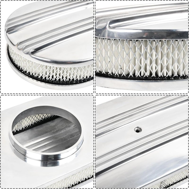 TBAPFS 15" Polished Aluminum Air Cleaner Assembly Kit Alloy Oval Partial Half Finned with Element - Image 3